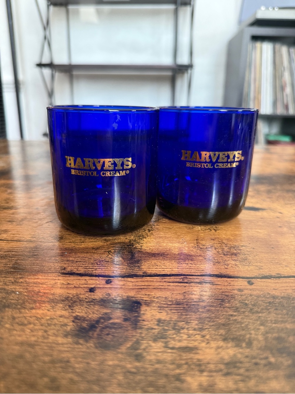 Harveys Cobalt Blue Bristol Cream Glasses with Gold Logo - Set of 2